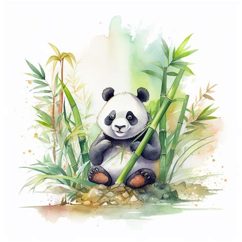 Una pintura de acuarela de un oso panda sentado en un bosque de bambú