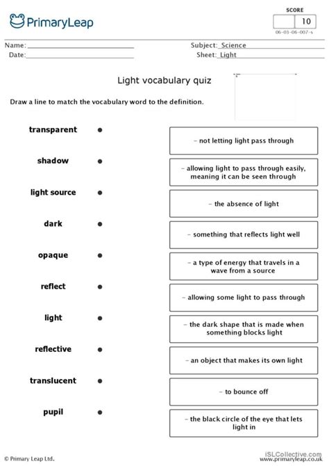 Light Vocabulary Quiz English ESL Worksheets Pdf Doc