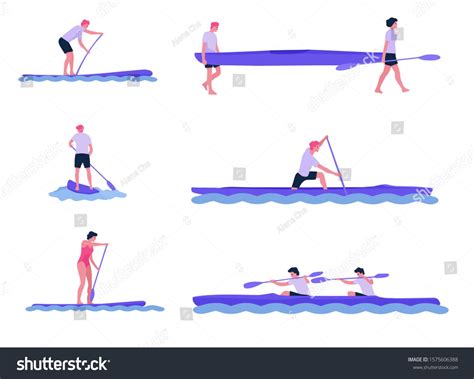 Set Of Athlets Of Rowing In Sports Canoe With Paddle Flat Cartoon