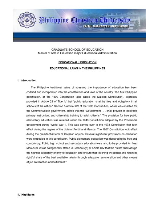 Philippine Legislation On Education GRADUATE SCHOOL OF EDUCATION