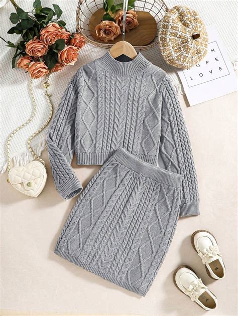 SHEIN Tween Girl Cable Knit Mock Neck Sweater Knit Skirt SHEIN USA