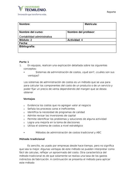 Actividad 4 contabilidad administrativa Nombre Matrícula Nombre