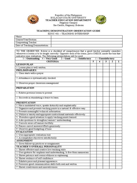 Teaching Demonstration Observation Guide Pdf Teaching Method Lesson Plan