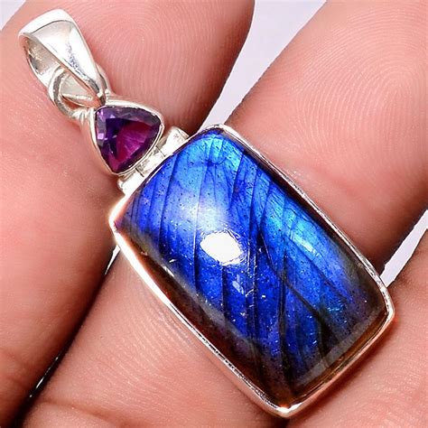 Pendentif Protection Labradorite Am Thyste Monture Argent Ref