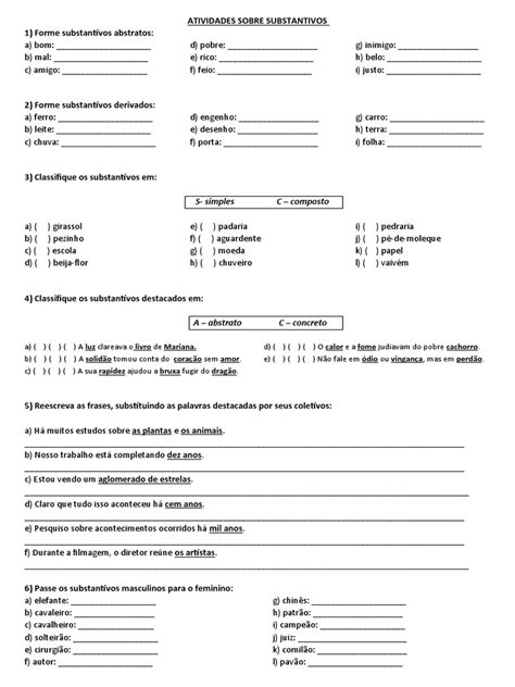 Exercícios Sobre Substantivos Com Gabarito Para Ensino Médio Pdf - Atividades Sobre Substantivos | PDF