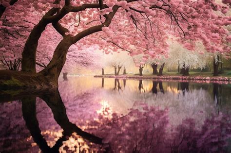 Premium Photo A Pink Cherry Blossom Tree Is Reflected In A Pond