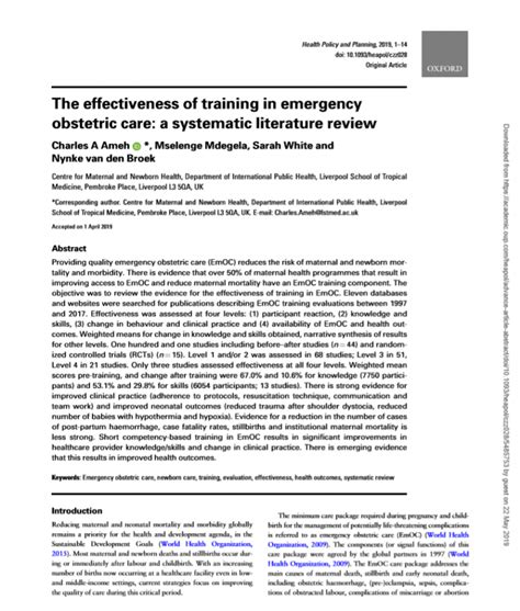 The Effectiveness Of Training In Emergency Obstetric Care A Systematic Literature Review