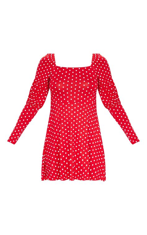 Red Polka Dot Puff Sleeve Shift Dress Prettylittlething Ksa