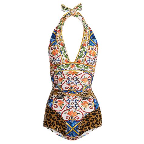 Dolce Gabbana Majolica Print Halterneck Swimsuit Story Rain