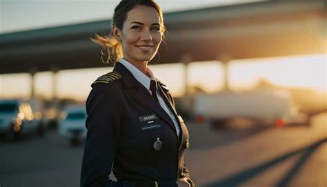 Premium Photo | A beautiful smiling young female pilot in front of a blurry airport background