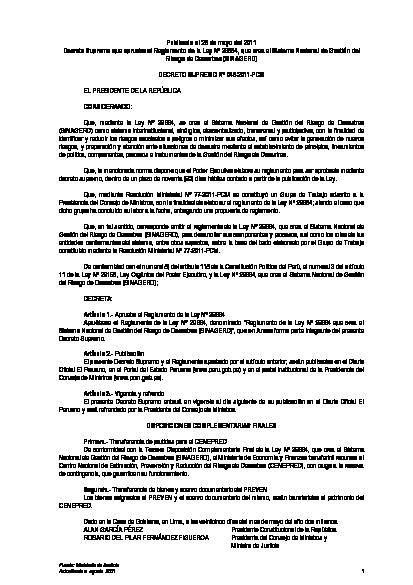 Decreto Supremo Que Aprueba El Reglamento De La Ley Nº 29664 Que Crea