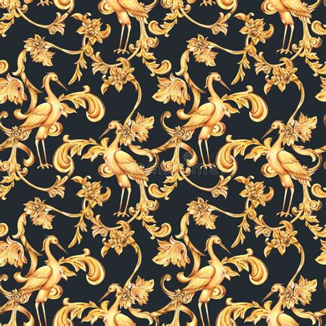 Watercolor Golden Baroque Seamless Pattern Of Floral Curl Rococo