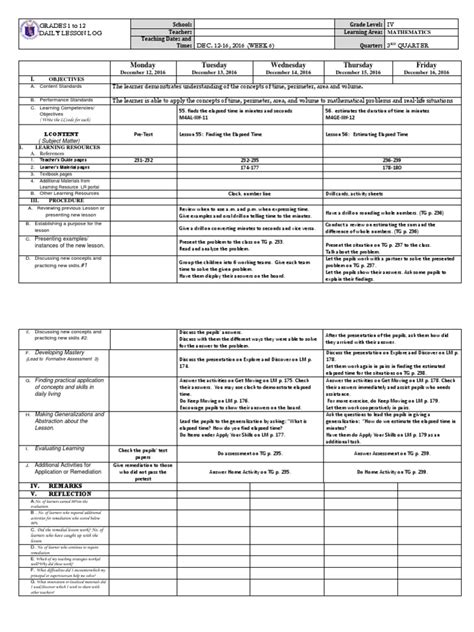 Grade 4 Dll Math 4 Q3 Week 6j Pdf Time Teaching