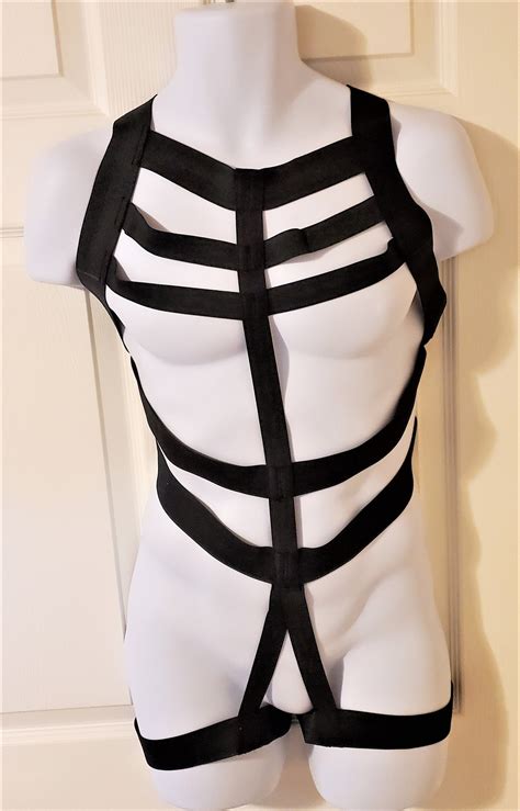 Men S Black Elastic Body Chest Harness Cage With Built In Etsy