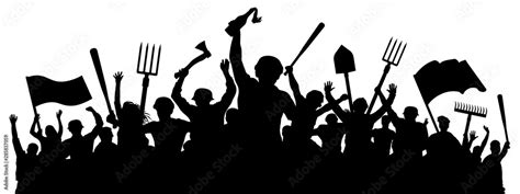 Angry Crowd Of People Mass Riots Protest Revolution Silhouette Vector