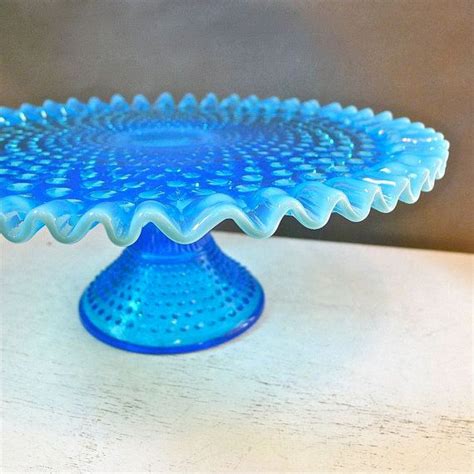 Vintage Fenton Blue Opalesecent Hobnail Cake Pedestal Stand Etsy