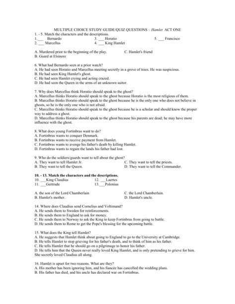 Multiple Choice Study Guide Quiz Questions Hamlet