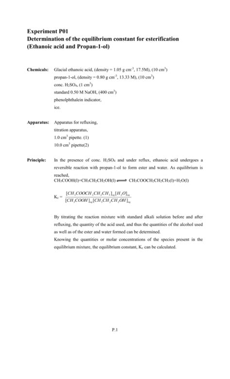 Determination of the equilibrium constant for esterification