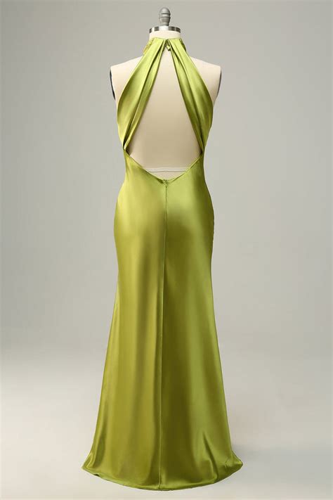 Zapakasa Women Lemon Green Long Bridesmaid Dress Mermaid Halter Open ...