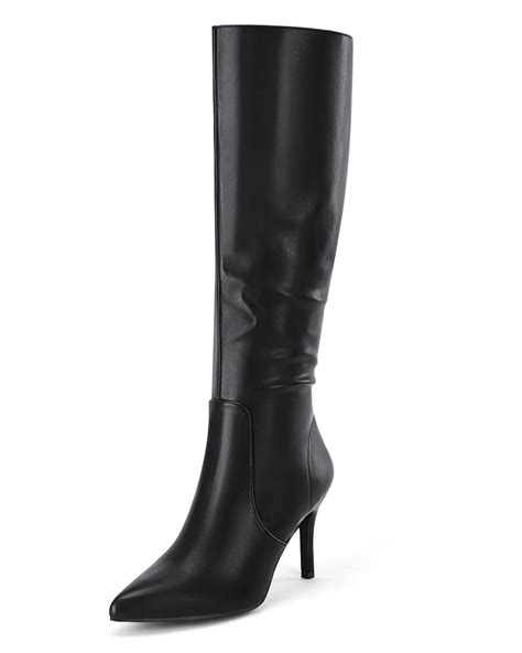 Coutgo Womens Pointed Toe Knee High Boots Heels Faux Leather Suede Side