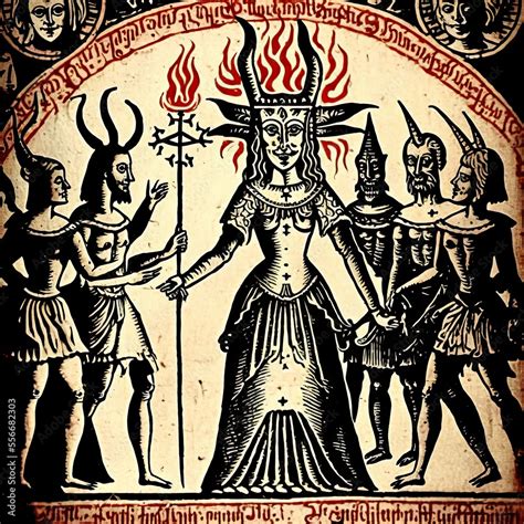 Ilustrace „satanic Ritual Of Sorcery And Demon Summon In Antique Medieval Manuscript Paper