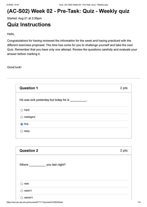 Quiz AC S02 Week 02 Pre Task Quiz Weekly Quiz AC S02 Week 02