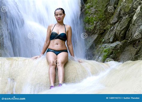 Woman Body Big Sit On Waterfall And Bikini Stock Image Image Of