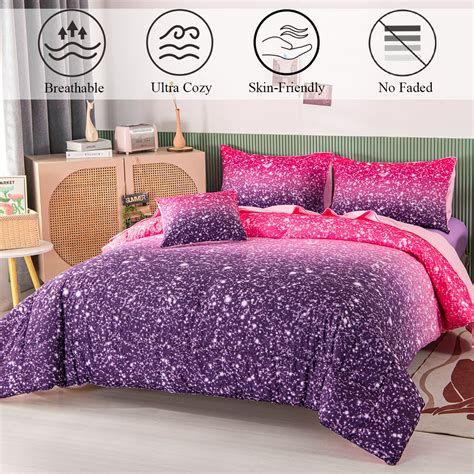 Free Shipping Perfemet 6pcs Full Gradient Pink Purple Glitter Comforter Sets For Teens Girls