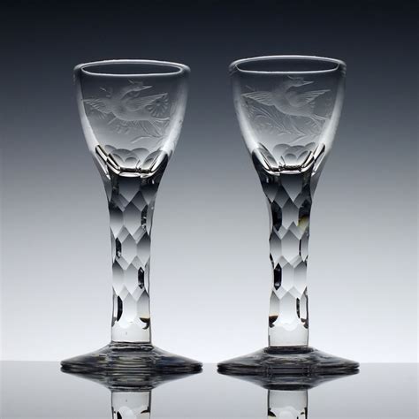 Pair Of Engraved Facet Cut Wine Glasses C1910 Wine Glasses Exhibit Antiques