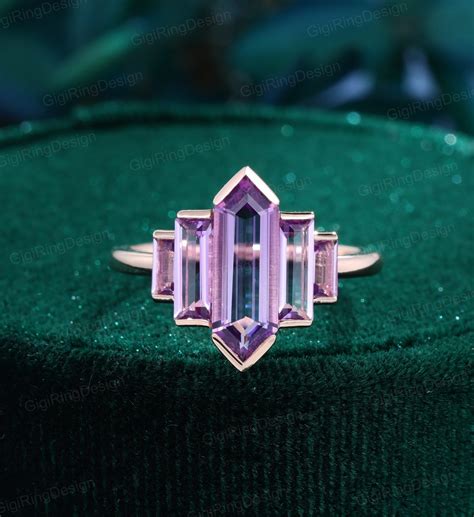 Hexagon Amethyst Engagement Ring Unique Rose Gold Engagement Ring