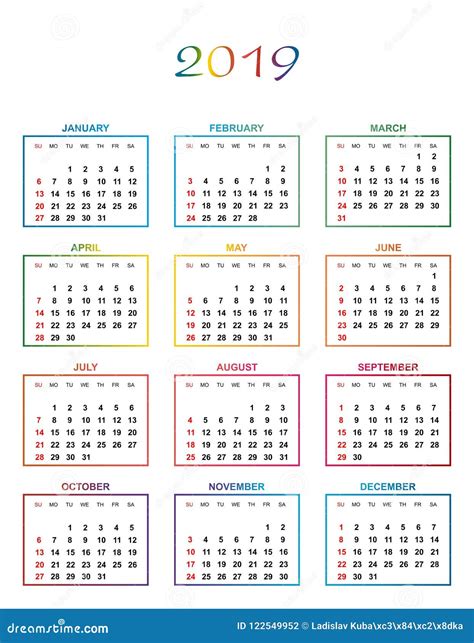 Calendrier Simple De Couleur Pendant L Ann E Les Noms Des Jours Et