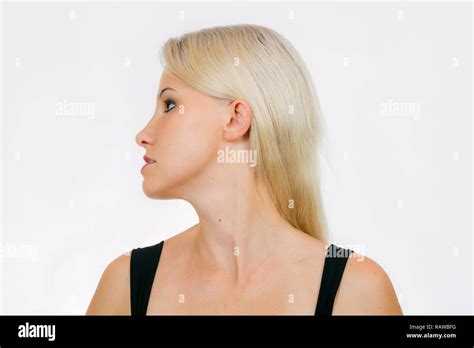 Face Exercise Woman Turn Head To Left And Shift Bottom Jaw Close Up