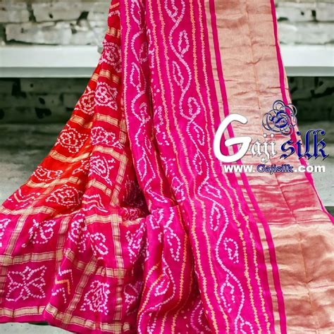 Pink Orange Gharchola Rai Bandhani Saree Pure Gajisilk Gaji Silk