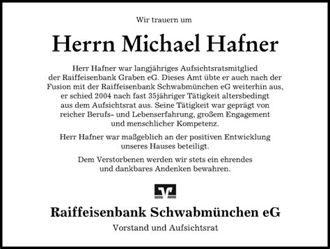 Traueranzeigen Von Michael Hafner Allg Uer Zeitung