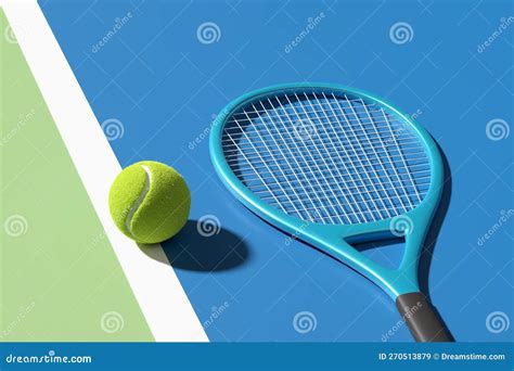 Tennis Ball And Racket On Blue Tennis Court With Lines Abstract 3d