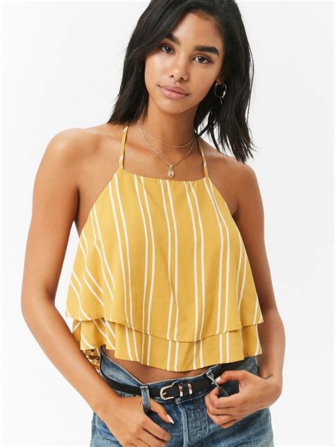 Buy Forever 21 Women Mustard Yellow Striped Styled Back Crop Top Tops