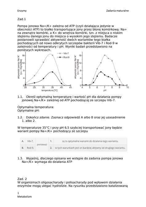 Zadania Maturalne Enzymy Zad Pompa Jonowa Na K Zale Na Od Atp