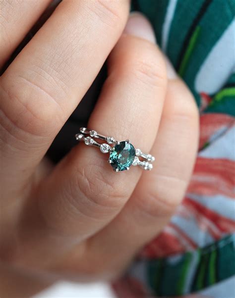 Teal Sapphire Engagement Ring Set Blue Green Sapphire Set Etsy