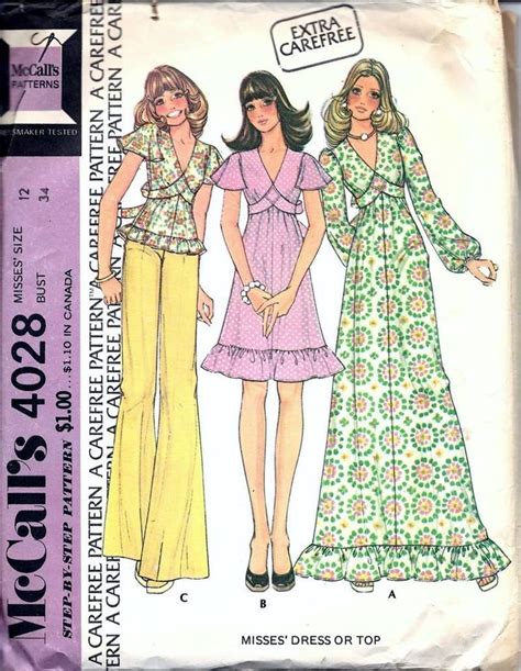 Vintage 70s Mccalls Dress In 2 Lengths Or Top Sewing Pattern 4028 B34 Size 12 Vintage Clothes