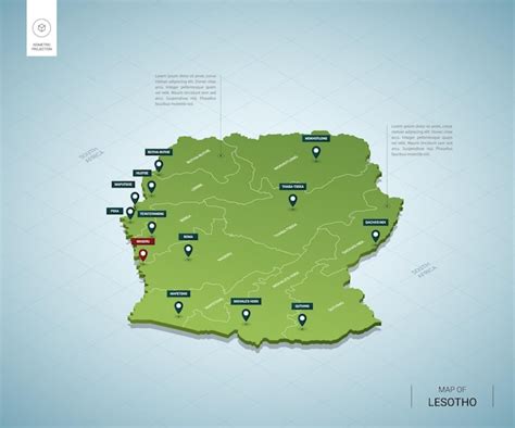 レソトの定型化された地図。都市、国境、首都、地域の等尺性3dグリーンマップ。 プレミアムベクター