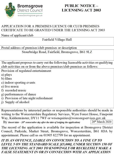 PUBLIC NOTICE Premises Licence Fairfield Village Hall Fairfield