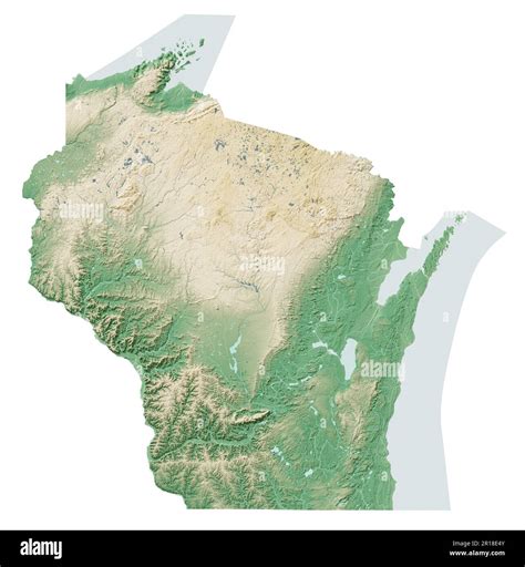 The US state of Wisconsin. Highly detailed 3D rendering of shaded ...