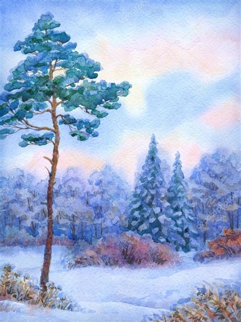 Watercolor Winter Pine Trees Watercolor Landscape Tall Pine Tree In Winter Forest — Stock