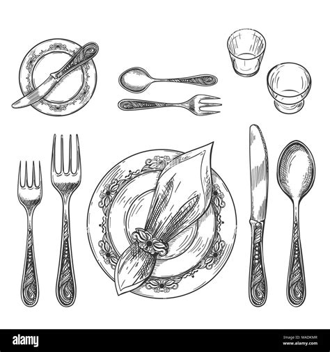 Table setting drawing. Hand drawing dinnerware with napkin in ring and plate, decorative fork ...