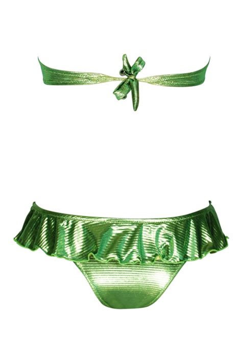 Pin up Stars Padded Bandeau Bikini im Metallic Look in grün