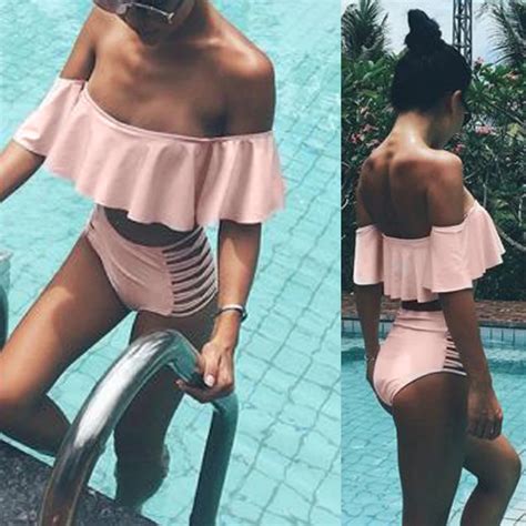 2018 Off Shoulder Bikini Set Bandage Beachwear Solid Bikinis Women