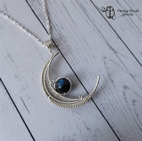 Wire Wrapped Crescent Moon Necklace With Labradorite Bead Etsy