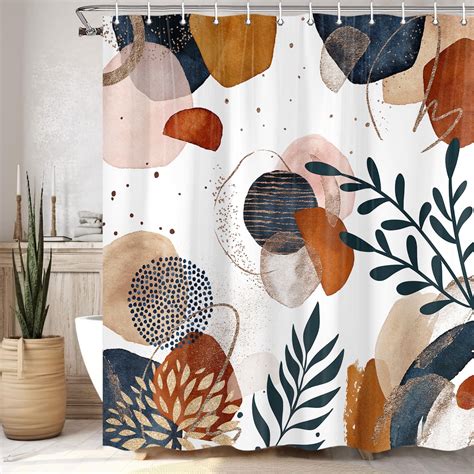 Abstract Boho Shower Curtain Navy Blue Gold Leaves Plants Minimalist