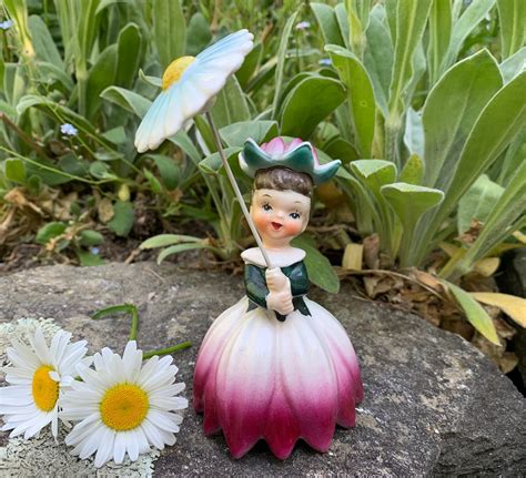 Napco Water Lily Flower Girl With Daisy Parasol Umbrella Ceramic Figurine Marked Napco 1956