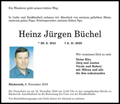 Traueranzeigen von Heinz Jürgen Büchel rz trauer de